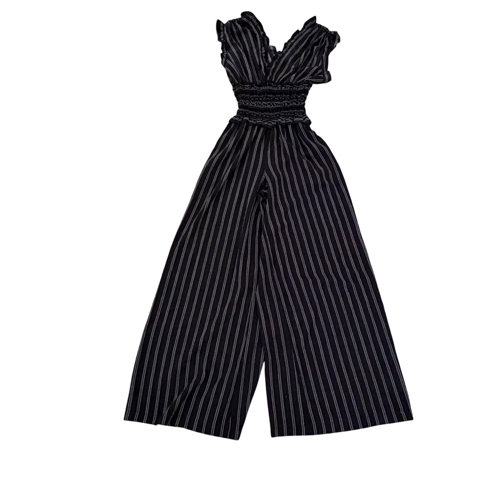 Max Studio Women Black White Striped Smocked Wide Leg Jumpsuit Small NWT